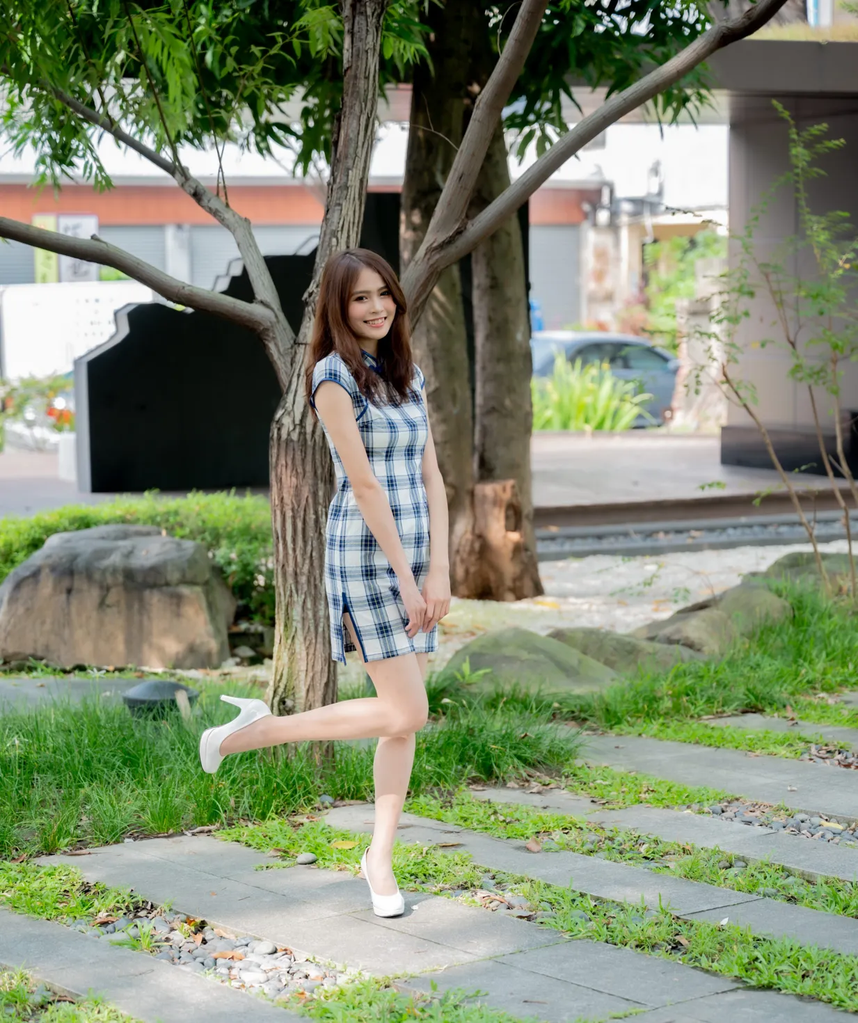 [Mzsock] NO.205 He Jiaxin plaid short cheongsam stockings high heels beautiful legs street photography#[84P]-6